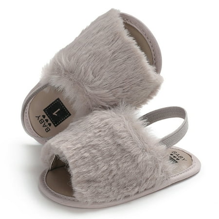 FE/&H Baby Girls Sandals Faux Fur Slippers with Elastic Back Strap Fuzzy Slides Fluffy Soft Flat First Walker Toddler Boy House Shoes 12-18 Months